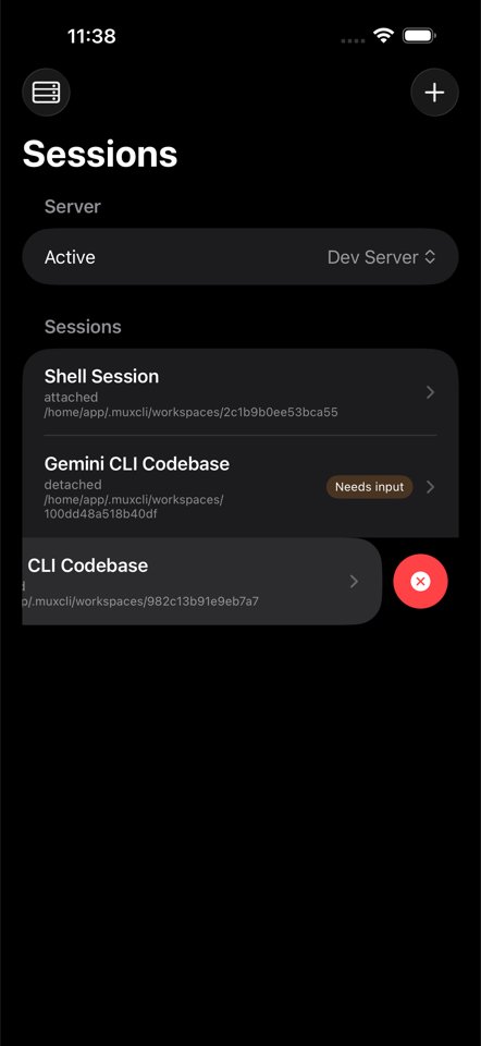 Session list showing active and needs-input sessions